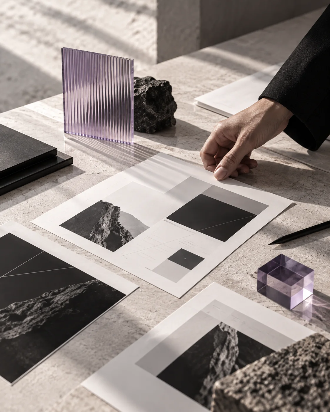 A hand placing a translucent design sheet over a printed layout study on the studio desk