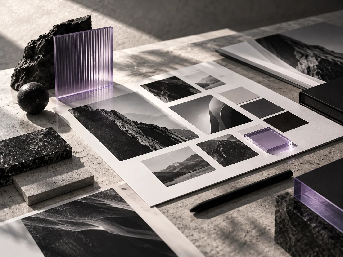 Paper studies, black stone and translucent violet acrylic arranged on a sunlit stone worktable
